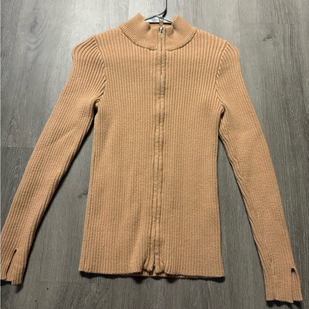 Tan Ribbed Women's zipper Sweater - Picture 3 of 3